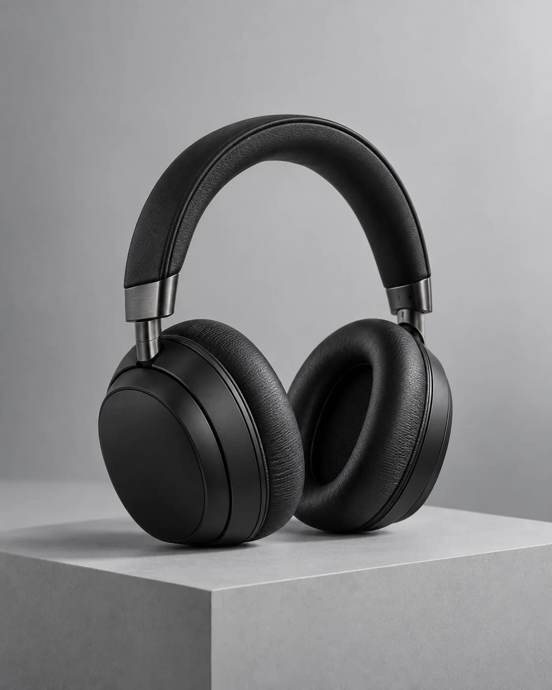 Matte black headphones resting on a pale gray studio pedestal