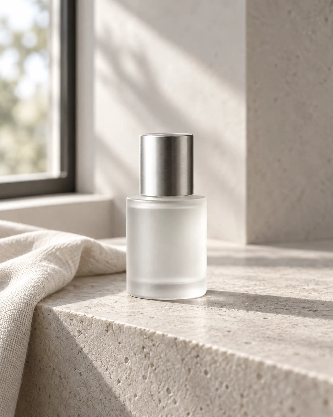 Frosted serum bottle on a limestone ledge beside a sunlit window